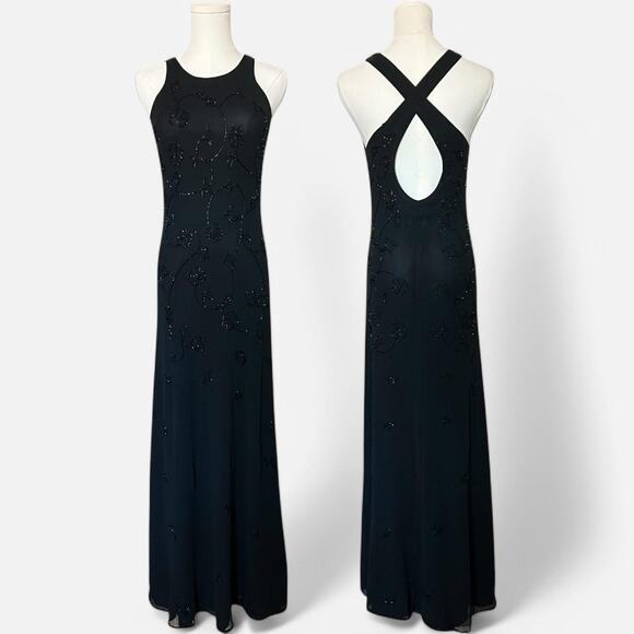 VTG 90s Laundry by Shelli Segal Black Beaded Mesh High Neck Open Back Maxi Dress - Picture 1 of 8
